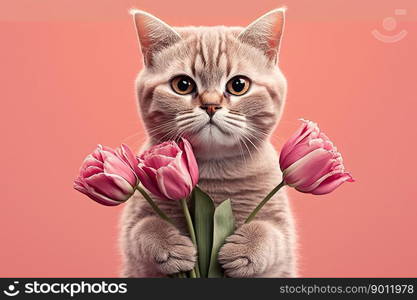 Cute cat holding a bouquet of tulips on a pink background. Generative Ai 