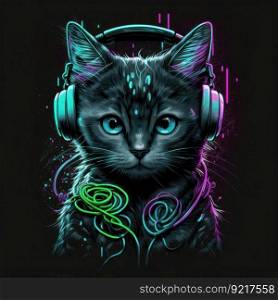 Cute cat in headphones T-shirt. Illustration Generative AI