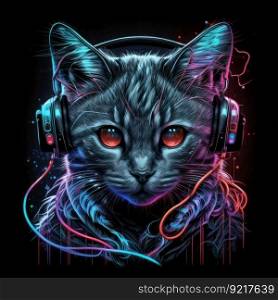 Cute cat in headphones T-shirt. Illustration Generative AI