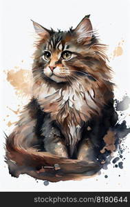 Cute cat on watercolor technique. Created on drawing paper. Finest generative AI.. Cute cat on watercolor technique. Created on drawing paper.