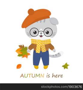 Cute cat with leaves. Greeting card I like Autumn. Cartoon flat style. Vector illustration