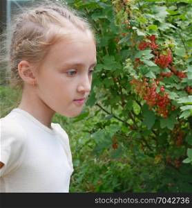 Cute Caucasian little girl near the currant bush with red berries in summertime