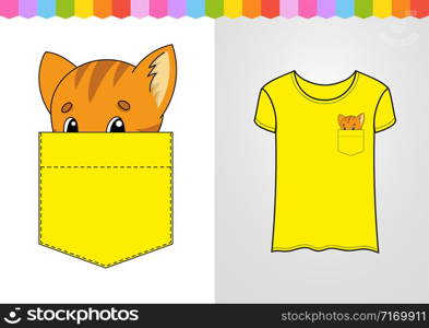 Cute character in shirt pocket. Cat animal. Colorful vector illustration. Cartoon style. Isolated on white background. Design element.