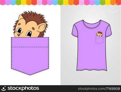 Cute character in shirt pocket. Hedgehog animal. Colorful vector illustration. Cartoon style. Isolated on white background. Design element.