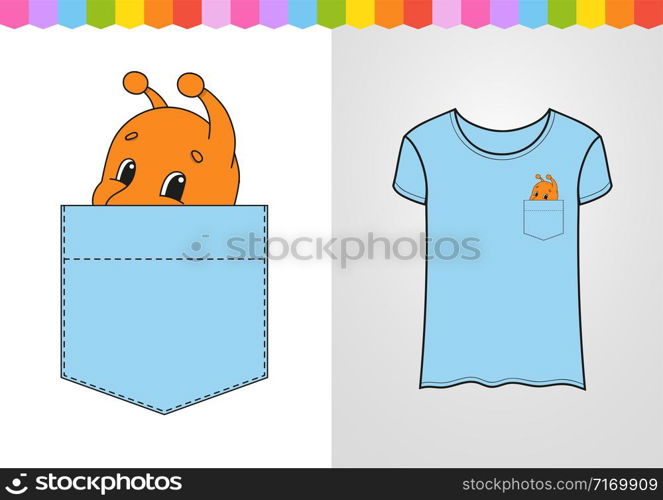 Cute character in shirt pocket. Snail mollusk. Colorful vector illustration. Cartoon style. Isolated on white background. Design element.