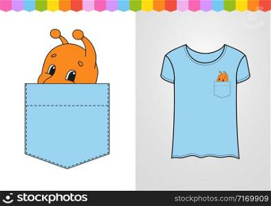 Cute character in shirt pocket. Snail mollusk. Colorful vector illustration. Cartoon style. Isolated on white background. Design element.
