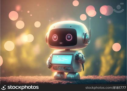 Cute chat robot assistance isolated on colorful blur background. Concept of future robotic innovation. Finest generative AI.. Cute chat robot assistance isolated on colorful blur background with robotic innovation