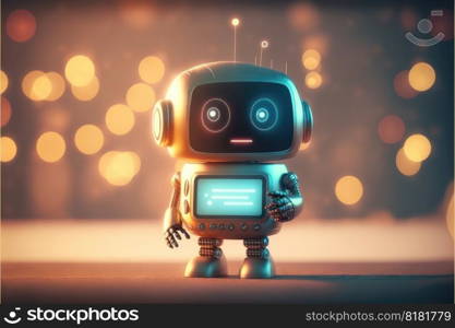 Cute chat robot assistance isolated on colorful blur background. Concept of future robotic innovation. Finest generative AI.. Cute chat robot assistance isolated on colorful blur background with robotic innovation