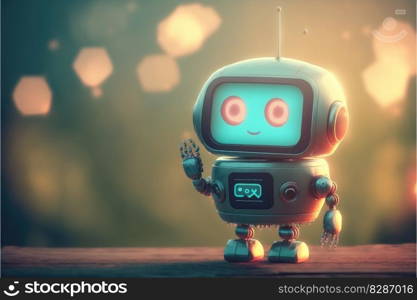 Cute chat robot assistance isolated on colorful blur background. Concept of future robotic innovation. Finest generative AI.. Cute chat robot assistance isolated on colorful blur background with robotic innovation