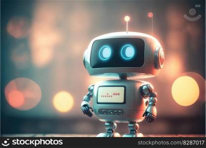 Cute chat robot assistance isolated on colorful blur background. Concept of future robotic innovation. Finest generative AI.. Cute chat robot assistance isolated on colorful blur background with robotic innovation