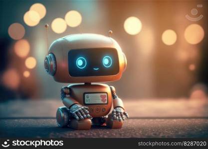 Cute chat robot assistance isolated on colorful blur background. Concept of future robotic innovation. Fi≠st≥≠rative AI.. Cute chat robot assistance isolated on colorful blur background with robotic innovation