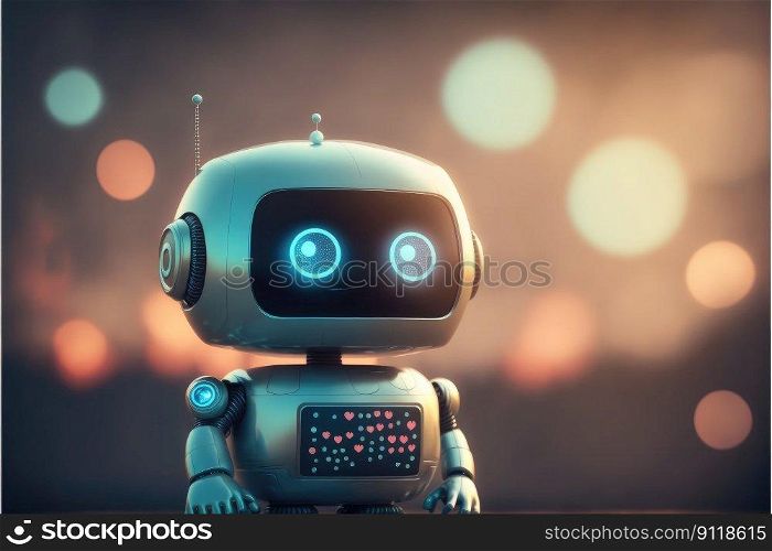 Cute chat robot assistance isolated on colorful blur background. Concept of future robotic innovation. Finest generative AI.. Cute chat robot assistance isolated on colorful blur background with robotic innovation