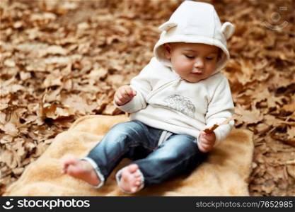 Cute cheerful kid having fun in the autumn park, sweet little boy sitting on the ground covered with dry tree leaves, happy child enjoying autumn season