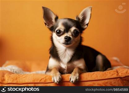 Cute chihuahua on an orange background. The dog looks at the camera.