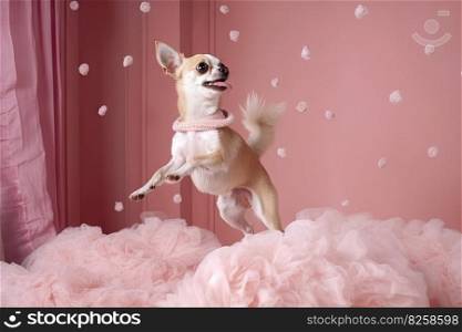 Cute chihuahua puppy jumping in the pink room. Tiny dog soaring in light veil and tulle. Generated AI Cute chihuahua puppy jumping in the pink room. Tiny dog soaring in light veil and tulle. Generated AI. Cute chihuahua puppy jumping in the pink room. Tiny dog soaring in light veil and tulle. Generated AI.