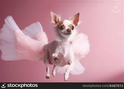 Cute chihuahua puppy jumping in the pink room. Tiny dog soaring in light veil and tulle. Generated AI Cute chihuahua puppy jumping in the pink room. Tiny dog soaring in light veil and tulle. Generated AI