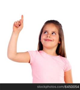 Cute child girl pointing with his finger isolated on white background