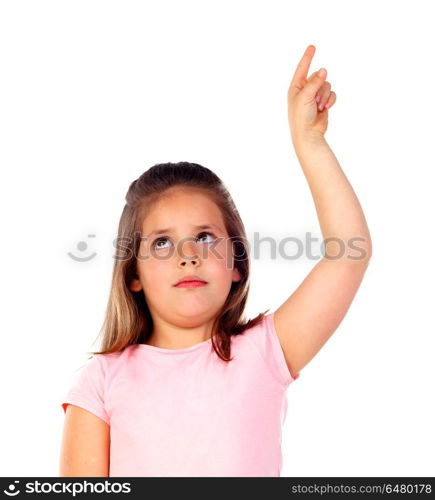 Cute child girl pointing with his finger isolated on white background