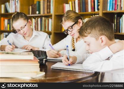 cute children studying school library