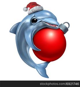 Cute Christmas Dolphin holding a winter celebration xmas decoration ball as a happy festive marine mammal with 3D illustration elements.