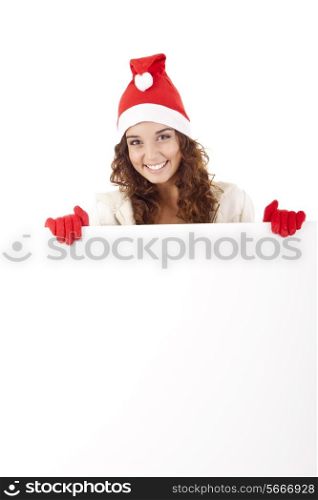 Cute christmas girl grabbing a placard over white