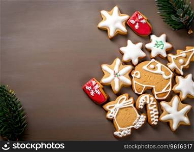 Cute Christmas homemade gingerbread cookies frame with copy space background