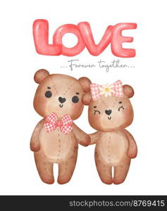cute classic couple brown teddy bears, boy and girl hold hand sit on wooden swing, forever together, Happy Valentine, adorable cartoon watercolor hand drawn vector illustration