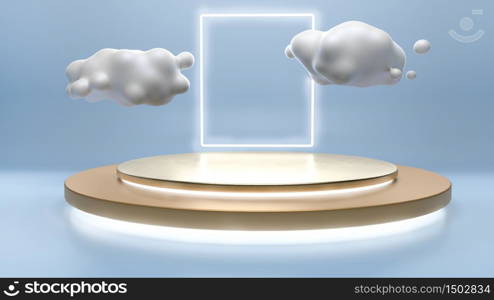 Cute clouds flying over golden stage,pedestal or podium and light portal over blue backgorund. 3D render. Background or mockup for cosmetics or fashion. Use for product identity, branding and presenting. Place your object or product on pedestal.. Cute clouds flying over golden stage,pedestal or podium and light portal over blue backgorund. 3D illustration. Background or mockup for cosmetics or fashion. Use for product identity, branding and presenting. Place your object or product on pedestal.