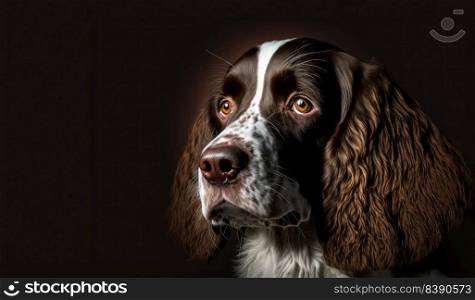 Cute cocker smaniel dog with brown and white hair on dark background. Generative AI