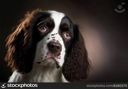 Cute cocker smaniel dog with brown and white hair on dark background. Generative AI