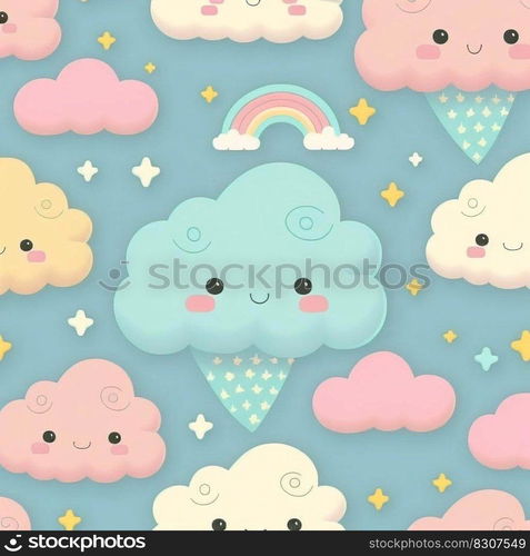 Cute colorful cloud smiling face seamless pattern background.. Cute colorful cloud smiling face seamless pattern background