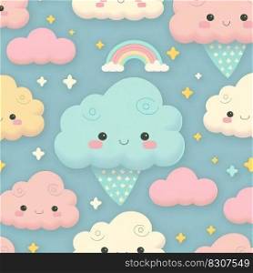 Cute colorful cloud smiling face seamless pattern background.. Cute colorful cloud smiling face seamless pattern background