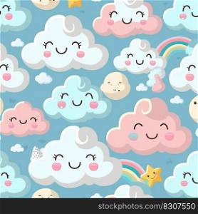 Cute colorful cloud smiling face seamless pattern background.. Cute colorful cloud smiling face seamless pattern background