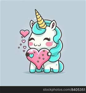 Cute colorful unicorn cartoon illustration holding a heart. Yellow horn. Generative AI