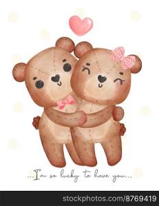 cute couple brown teddy bears, boy and girl hug each other, Happy Valentine, adorable cartoon watercolor hand drawn vector illustration