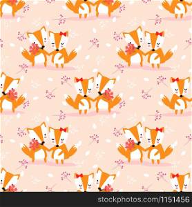 Cute couple fox seamless pattern. Lovely animal in Valentine concept.