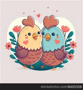 Cute couple of childish chicks in love. Generative AI