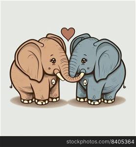 Cute couple of childish elephants in love. Generative AI