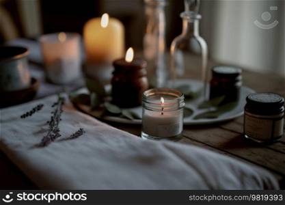 Cute cozy background with candles. Illustration AI Generative
