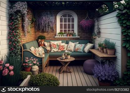 cute cozy backyard with sofa and bright flowering plants, created with generative ai. cute cozy backyard with sofa and bright flowering plants