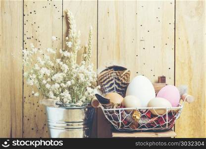 Cute creative photo with easter eggs, Ester background with colorful easter eggs, vintage filter image