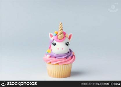 Cute cupcake for kids with copy space. Happy Birthday dessert. Children&rsquo;s party. Empty space for text. Postcard, greeting card design. Unicorn muffin. Generative AI. Cute cupcake for kids with copy space. Happy Birthday dessert. Children&rsquo;s party. Empty space for text. Postcard, greeting card design. Unicorn muffin. Generative AI.
