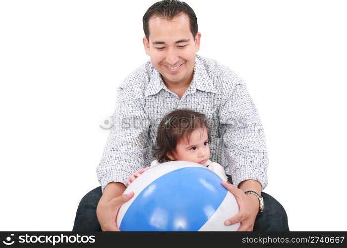 cute dad with his daughter playing on a white
