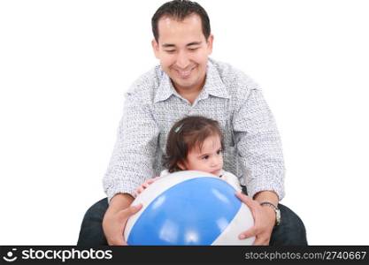 cute dad with his daughter playing on a white