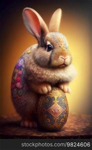 Cute Decorated Bunny with a Beautiful Ornamental Egg. Easter Concept .AI generated Illustration.