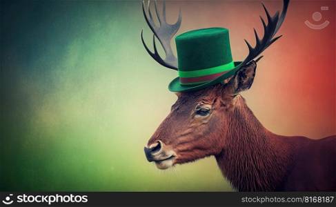 Cute deer wearing a green hat celebrating Saint Patrick Day on a blurred background. Generative AI