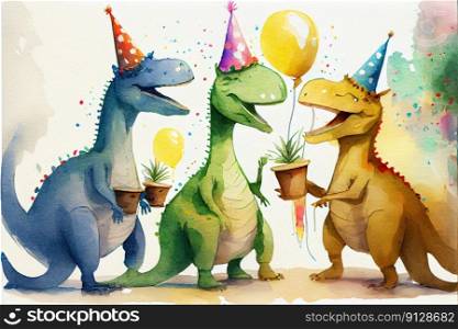 Cute dinosaur celebrating in party created by colorful watercolor technique. Theme of birthday event with food and drink wearing on birthday hat. Finest generative AI.. Cute dinosaur celebrating in party created by colorful watercolor technique.