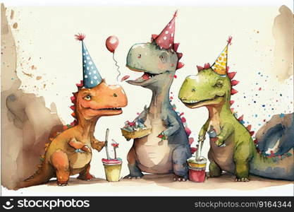Cute dinosaur celebrating in party created by colorful watercolor technique. Theme of birthday event with food and drink wearing on birthday hat. Finest generative AI.. Cute dinosaur celebrating in party created by colorful watercolor technique.