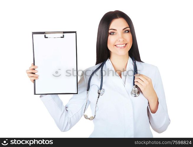 cute doctor with folder and stethoscope on white background