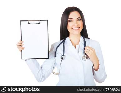 cute doctor with folder and stethoscope on white background